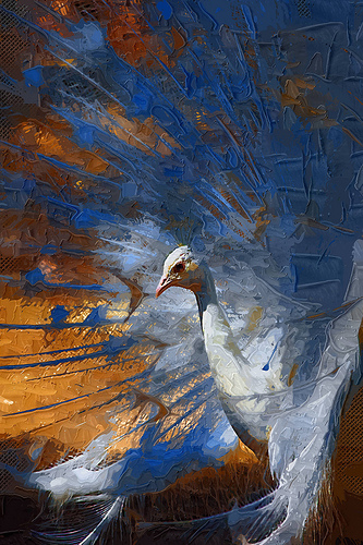 333x500 White Peacock Painting Wildlife Paintings, Blue Brown Art - Blue And White Painting