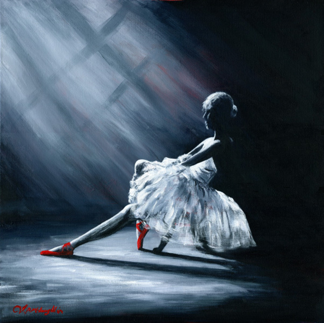640x638 Joseph Mclaughlin Artwork Ballerina With Red Shoes Original - Blue Ballerina Painting