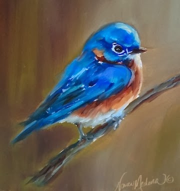 360x382 Nancy Medina Art Sold ~ Little Blue Bluebird And A January Flower - Blue Bird Painting