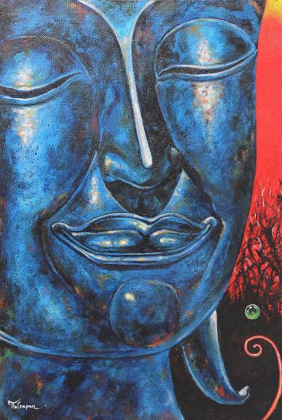 400x595 Original Signed Blue Buddha Painting From Thailand - Blue Buddha Painting