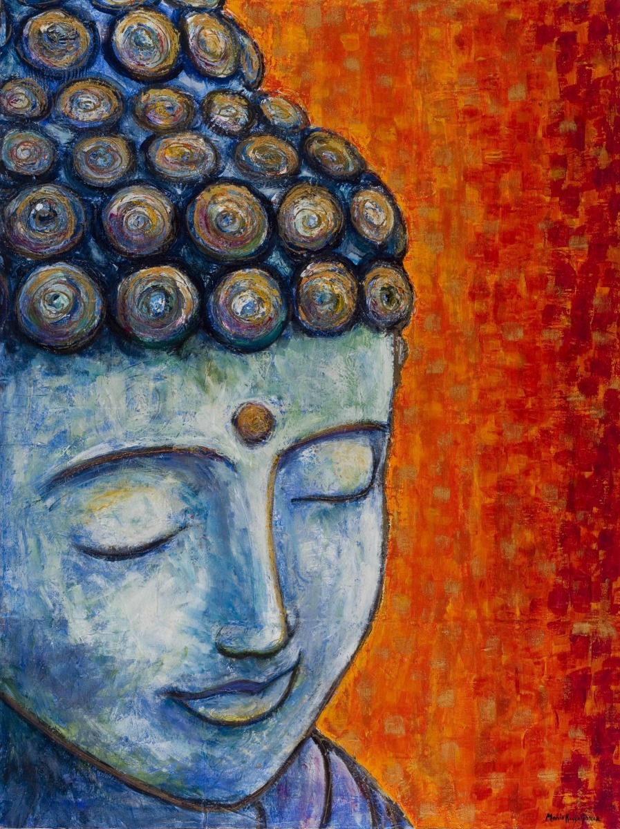 897x1200 Painting Smiling Blue Buddha (Original Art By Maria Reyes Jones) - Blue Buddha Painting