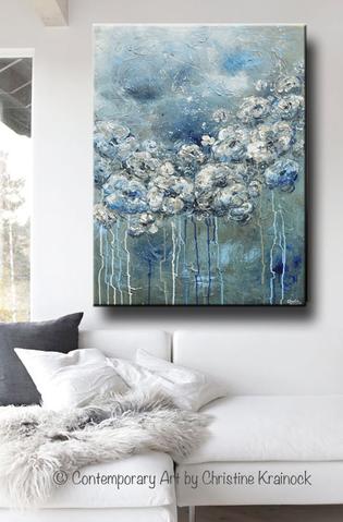 315x479 Giclee Print Art Abstract Blue White Flower Painting Canvas Print - Blue Canvas Painting