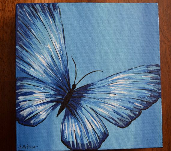 570x501 Original Blue Butterfly Painting On 6x6 Canvas - Blue Canvas Painting