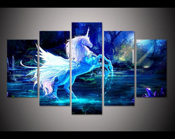 600x477 Printed Oil Painting Unicorn Horse Forest Blue Canvas Print Home - Blue Canvas Painting