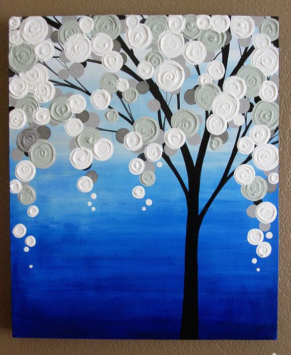 570x695 Blue And Gray 24x36 Textured Tree Art, Original Painting On Canvas - Blue Canvas Painting
