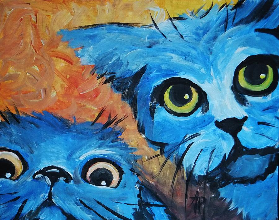 900x711 Crazy Blue Cats Painting By Angie Potter - Blue Cat Painting
