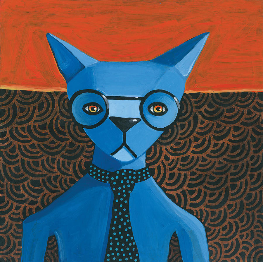 900x895 Funky Blue Cat Painting By Mike Lawrence - Blue Cat Painting