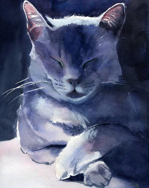 475x600 Grey Gray Cat Russian Blue Art Print Of Watercolor Painting Print - Blue Cat Painting