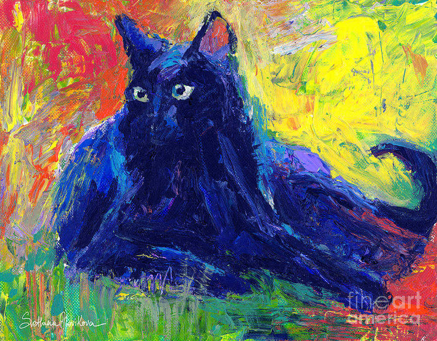 900x704 Impasto Black Cat Painting Painting By Svetlana Novikova - Blue Cat Painting