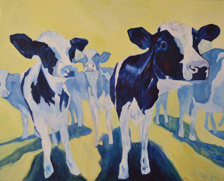 770x624 Saatchi Art Moody Blue Cows Painting By Jane Greensitt - Blue Cow Painting