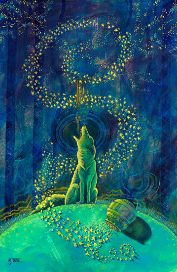 359x550 Wildlife Art International Native American Art,whimsical Wildlife - Blue Coyote Painting