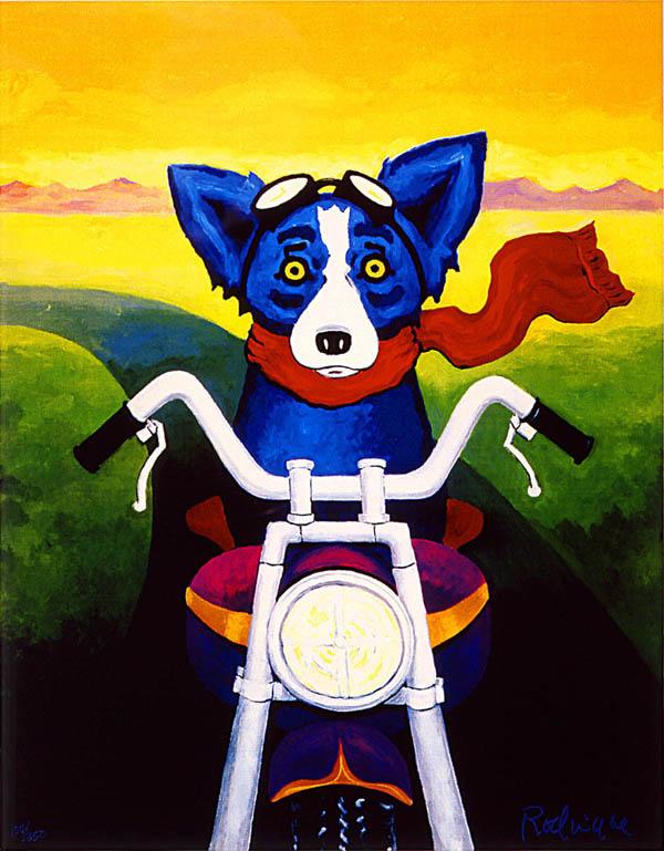 600x769 George Rodrigue Animal Blue Dog Riding A Motorcycle,oil Painting - Blue Dog Painting