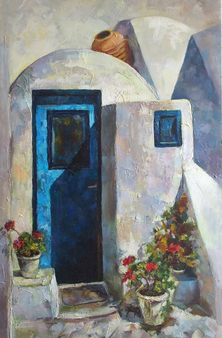 770x1171 Saatchi Art Blue Door. Santorini Series. Painting By Elena Reient - Blue Door Painting