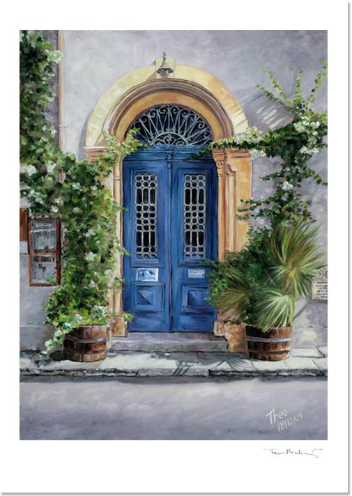 505x712 The Blue Door, Mediterranean Art Prints By Cypriot Artist Theo - Blue Door Painting