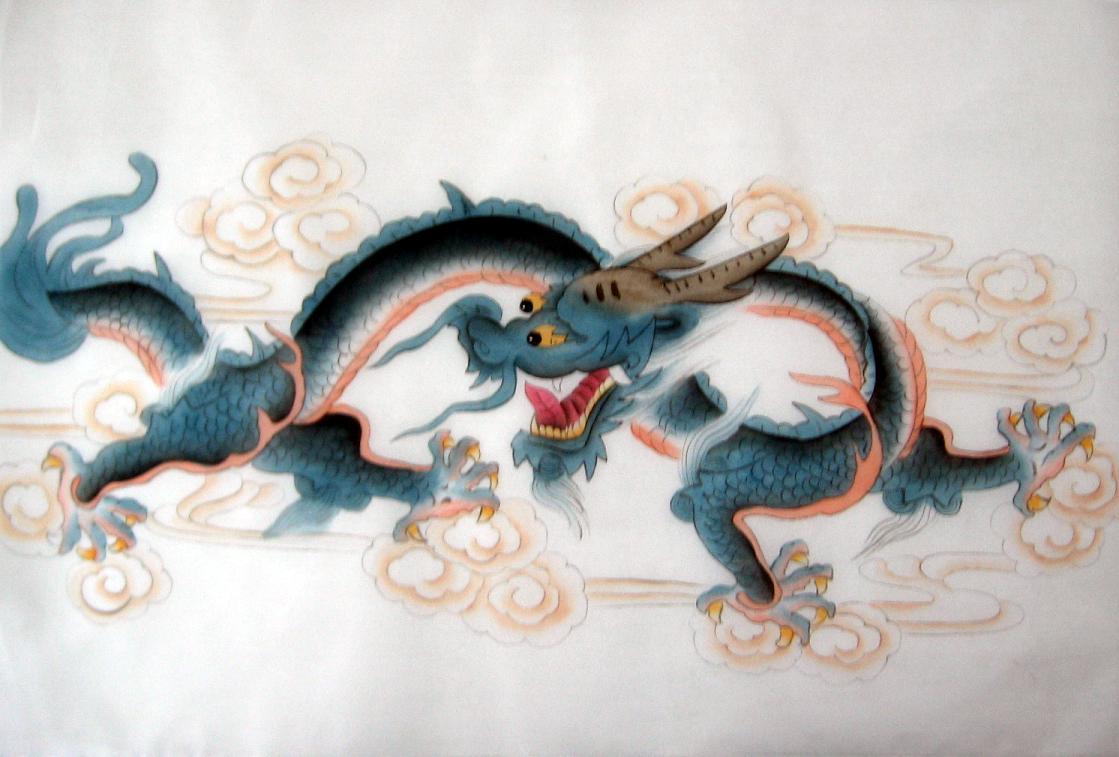 1119x757 Chinese Blue Horned Dragon Painting On Silk Fabric - Blue Dragon Painting