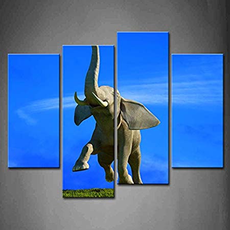 450x450 4 Panel Wall Art Blue Elephant Runs Slack Off Against The Blue Sky - Blue Elephant Painting