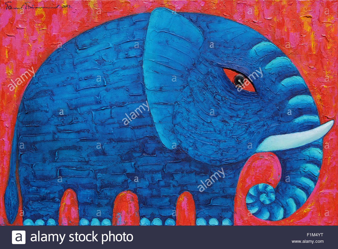 1300x959 Blue Elephant In Red. Original Acrylic Painting On Canvas Stock - Blue Elephant Painting