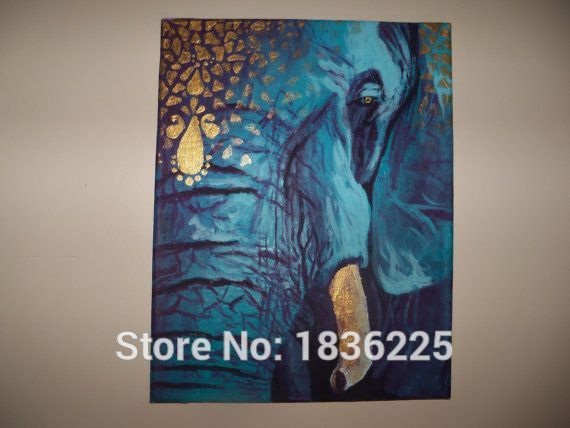 570x428 Home Decor Hotel Wall Art 100% Handmade Abstract Canvas Oil - Blue Elephant Painting