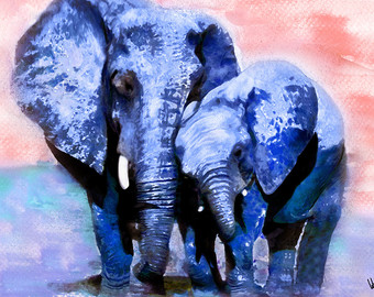 340x270 Love Watercolor Art Print Elephant Animal Painting - Blue Elephant Painting