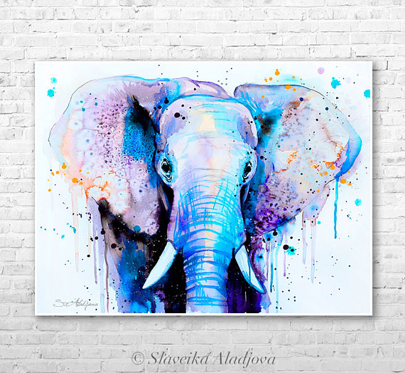 570x524 Blue Elephant Head Watercolor Painting Print By Slaveika - Blue Elephant Painting