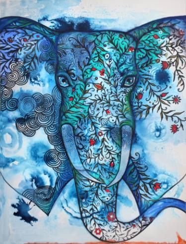 375x492 Blue Elephant Painting By Oxana Zaika Saatchi Art, Saatchi - Blue Elephant Painting