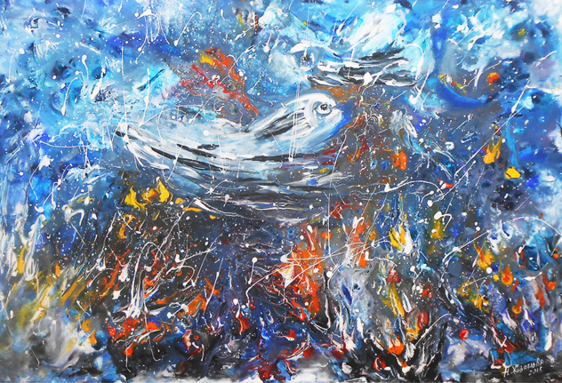 632x431 Abstract Blue Fish Print Fantasy Animal Painting - Blue Fish Painting