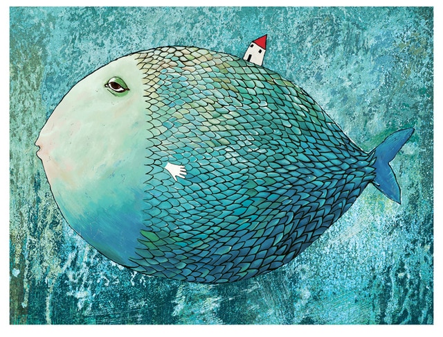 640x486 Canvas Paintings Seascape Big Blue Fish And Small House Modern - Blue Fish Painting