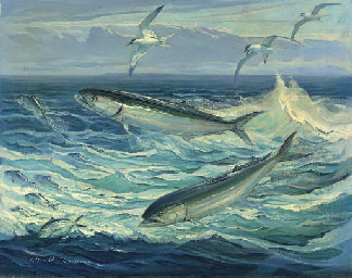 324x256 William Goadby Lawrence (American, 1914 2002) Bluefish Jumping - Blue Fish Painting