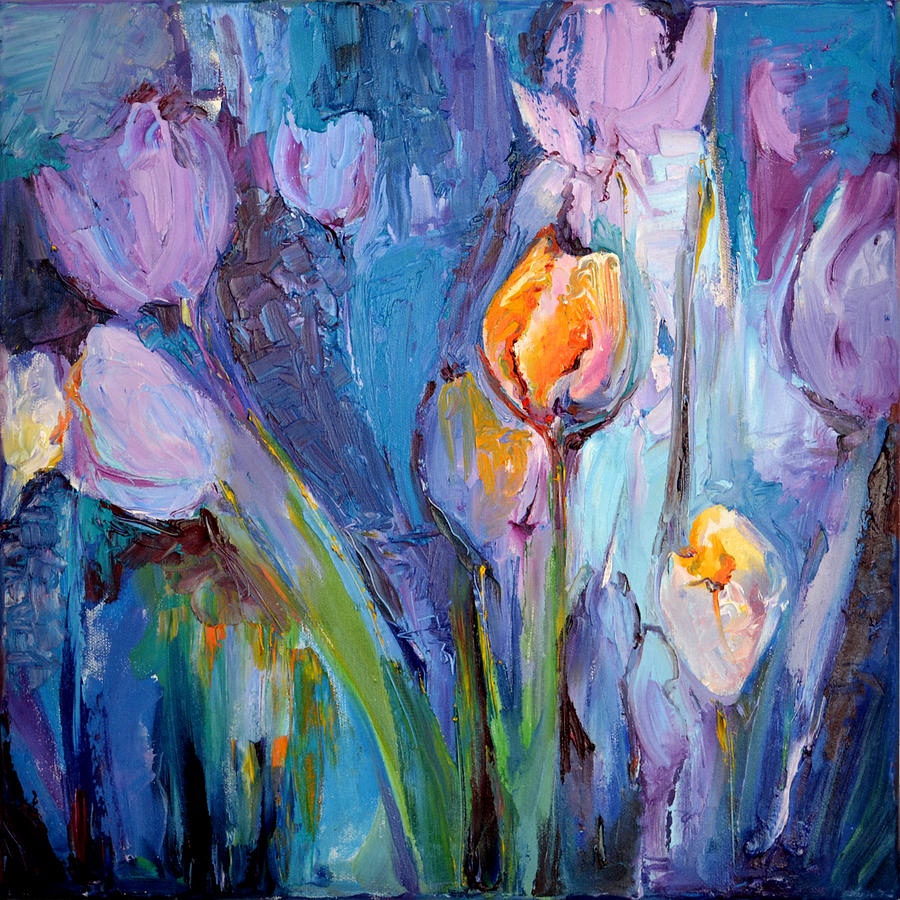 900x900 Blue Tulips Modern Painting Flower Oil Painting, Floral Painting - Blue Floral Painting