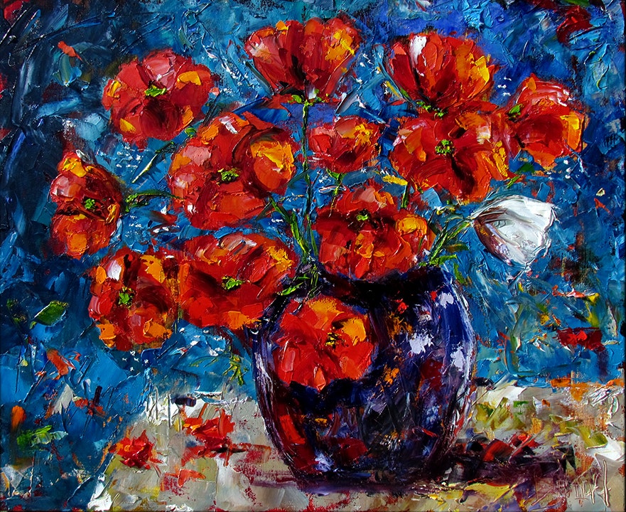 881x720 Floral Painting Still Life Flowers In Vase Poppies Art Red Flower - Blue Floral Painting
