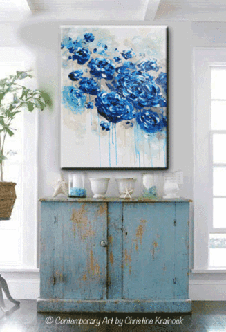 327x480 Giclee Print Large Art Abstract Painting Blue Flowers Navy Blue - Blue Floral Painting