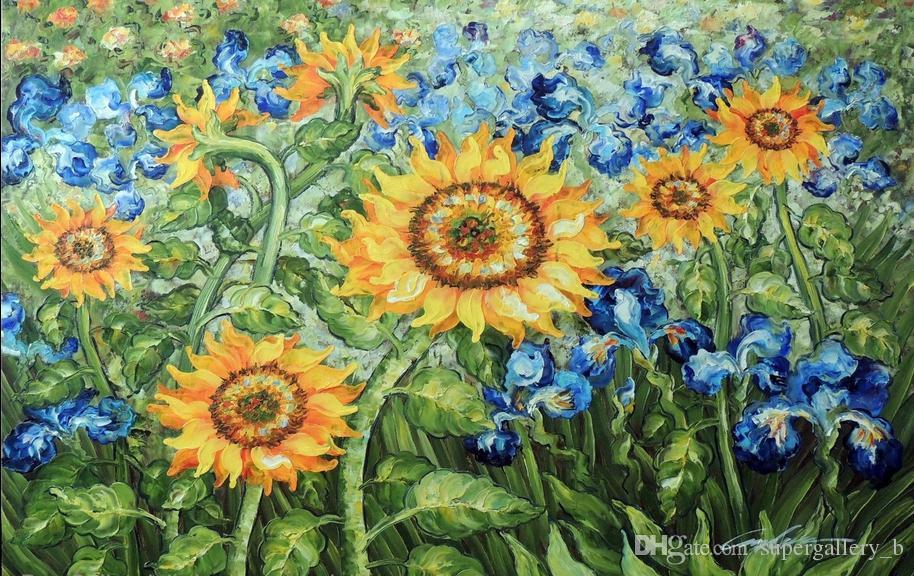 914x576 2018 Van Gogh Amp Golden Sunflower Blue Iris Garden,handpainted - Blue Floral Painting