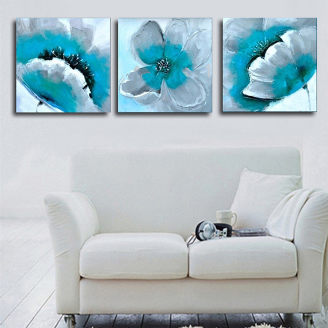 640x640 Hand Painted Turquoise Flower Oil Painting On Canvas Abstract Wall - Blue Floral Painting