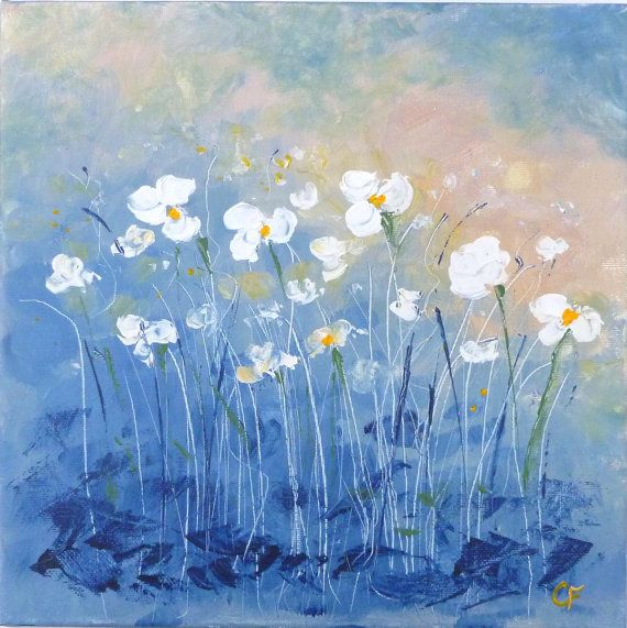 570x571 Spring Flowers, Pastel Colors, Soft Blue, Pink And White Flower - Blue Floral Painting