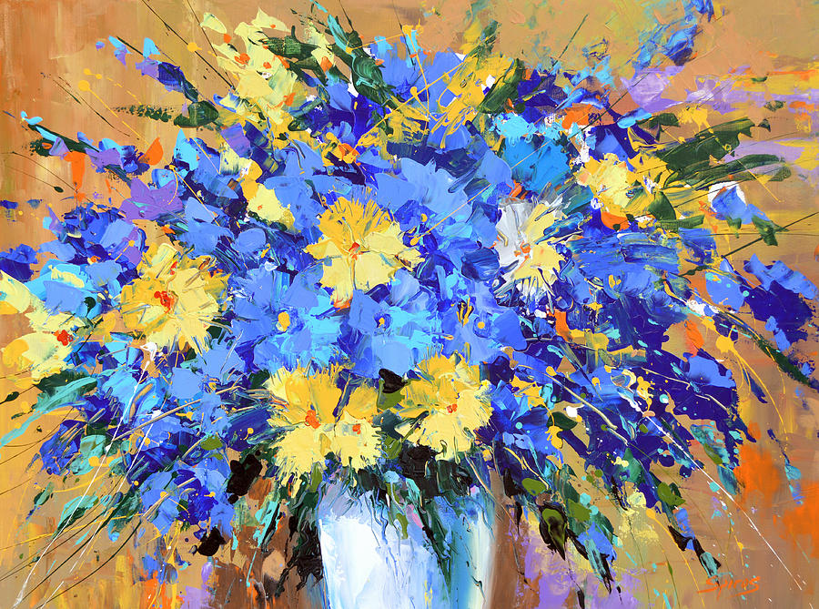 900x669 Blue Flowers Painting By Dmitry Spiros - Blue Flower Painting