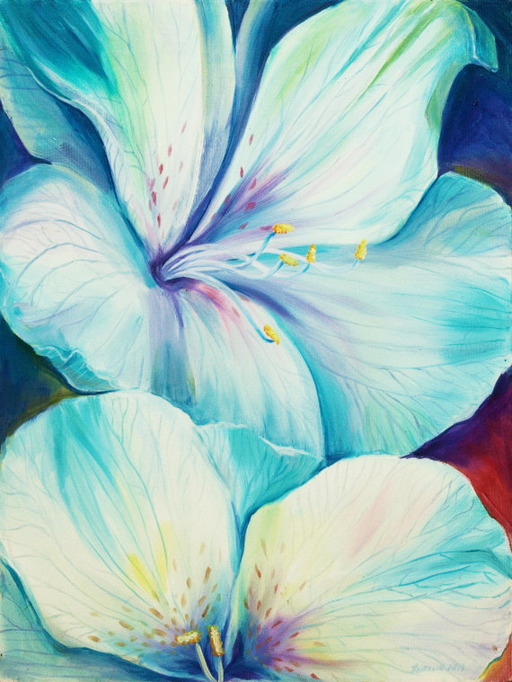 570x759 Art Original Oil Painting Two Flowers Home Decor Wall Decor Azure - Blue Flower Painting