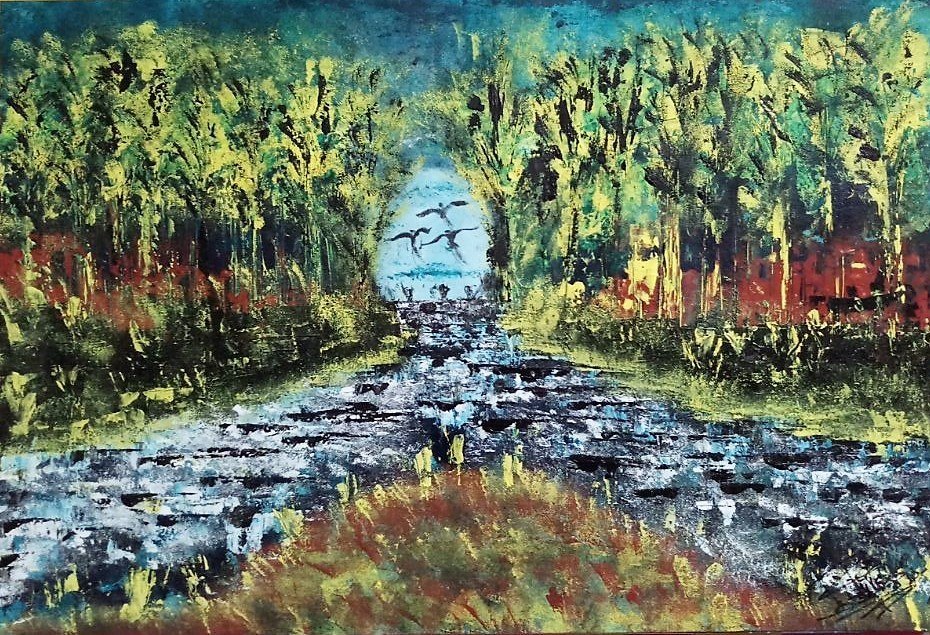 930x635 Buy Blue Forest River Handmade Painting By Rittessh Sontakkey - Blue Forest Painting