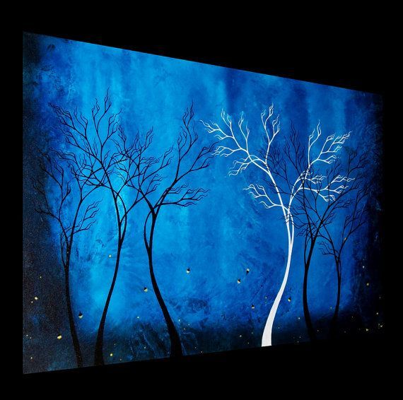 570x566 Fireflies Painting Original Tree Painting Abstract Landscape By - Blue Forest Painting