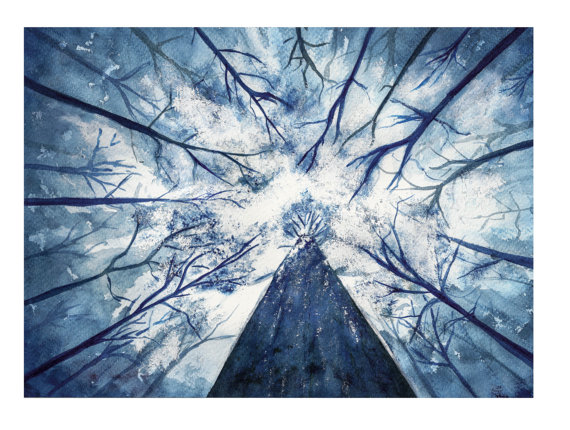 570x430 Forest Sky Painting Blue Forest Watercolor Tree Dark Woods - Blue Forest Painting