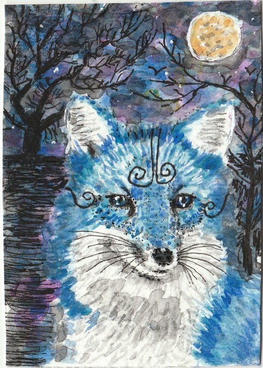 536x750 Blue Fox Fantasy Moon Watercolor Painting By Samantha Martin - Blue Fox Painting
