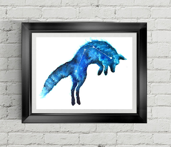 570x489 Fox Painting, Fox Print, Blue Fox, Space Fox, Leaping Fox, Fox - Blue Fox Painting