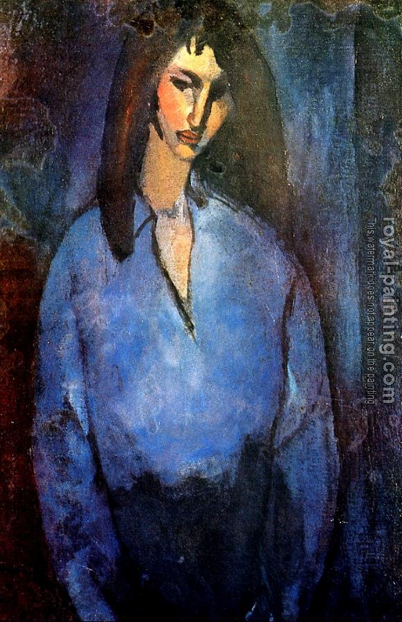 581x900 Girl Wearing A Blue Shirt By Amedeo Modigliani Oil Painting - Blue Girl Painting