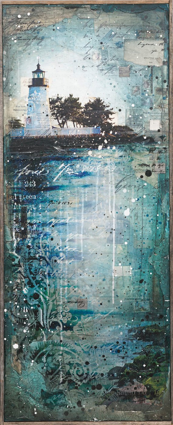 570x1401 Blue Harbor Lighthouse Painting Rhode Island Art - Blue Harbor Painting