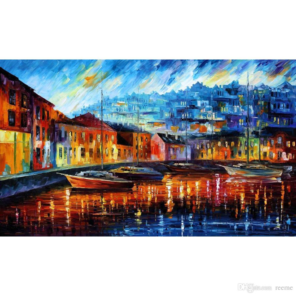 1000x1000 2018 Palette Knife Oil Painting Leonid Afremov Blue Harbor Hand - Blue Harbor Painting