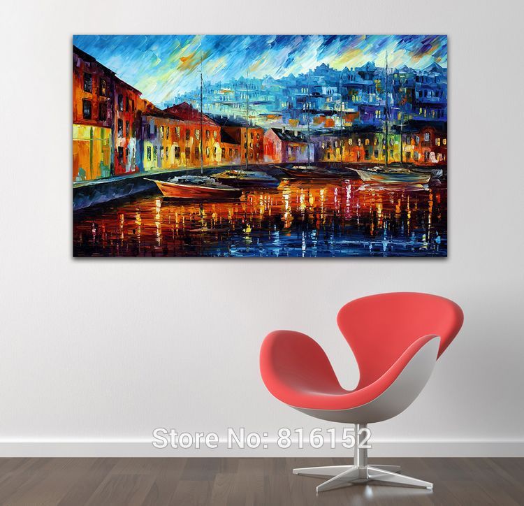 750x724 Landscape Blue Harbor Sea Oil Painting Picture Night View - Blue Harbor Painting