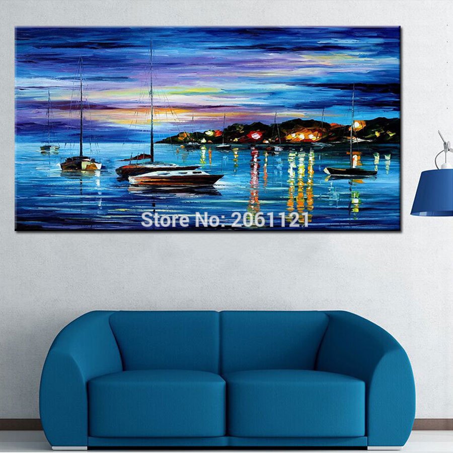 900x900 Painted Blue Seascape Wall Painting Peaceful Quiet Night - Blue Harbor Painting