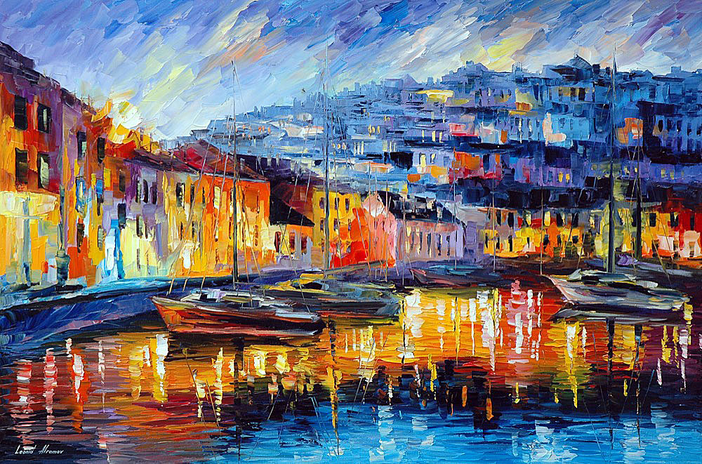 1000x661 Blue Harbor Palette Knife Oil Painting On Canvas By Leonid - Blue Harbor Painting
