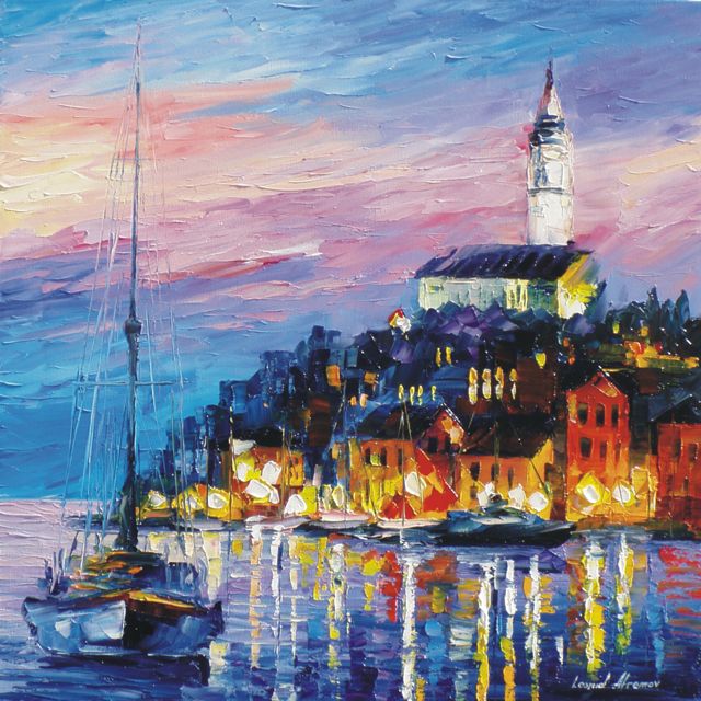640x640 Blue Port Palette Knife Oil Painting On Canvas By Leonid Afremov - Blue Harbor Painting