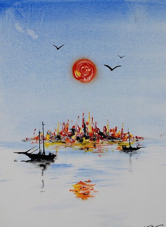 570x780 Blue Harbor, Hand Painted Impressionism Water Summer Painting - Blue Harbor Painting