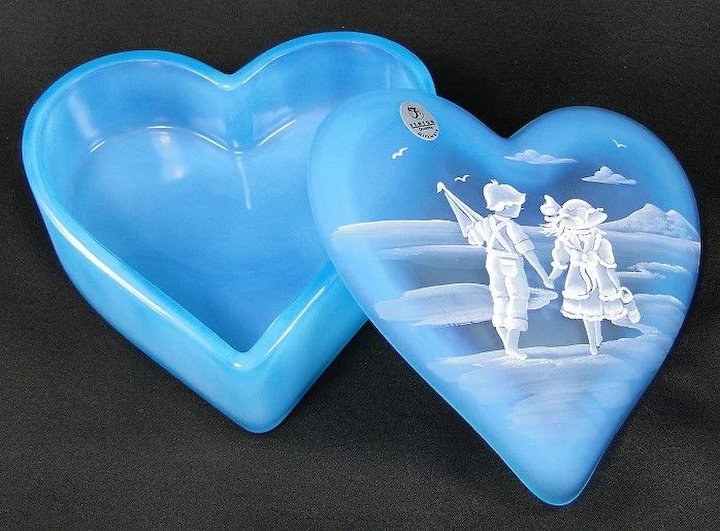 720x531 Fenton Sky Blue Heart Box Mary Gregory Style Painting On Glass - Blue Heart Painting